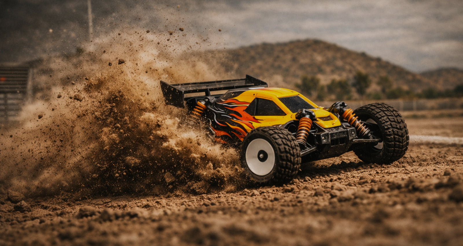 Yellow and black off-road vehicle racing on a dirt track with dust in the air